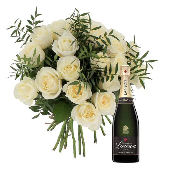 Photo produit : 20 ROSES BLANCHES + CHAMPAGNE LANSON BRUT