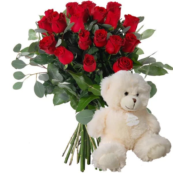 Photo produit : 20 GRANDES ROSES ROUGES + GRAND OURS
