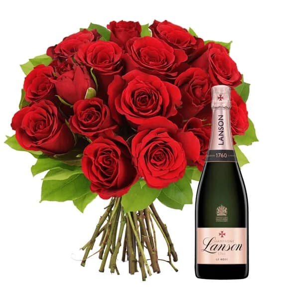 Photo produit : BOUQUET DE 15 ROSES ROUGES + 1/2 LANSON ROSÉ