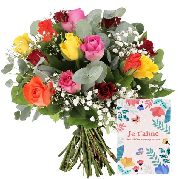 Photo produit : 15 ROSES MULTICOLORES + GYPSOPHILE + CARTE