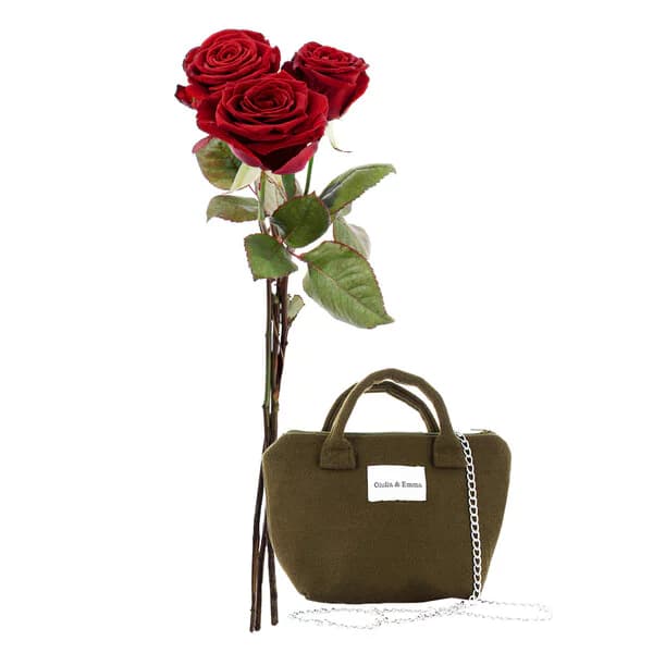 Photo produit : 3 ROSES ROUGES + SAC KAKI