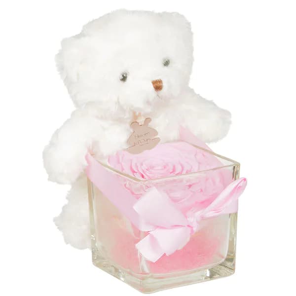 Photo produit : OURSON + ROSE ETERNELLE ROSE + VERRINE CARREE